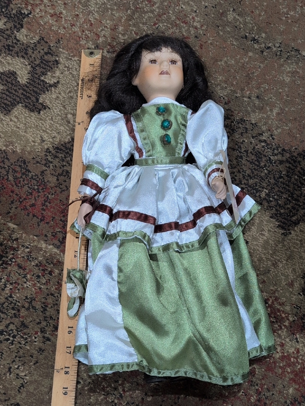 Green and White Porcelain Doll in Victorian Dress - Kids Toys
